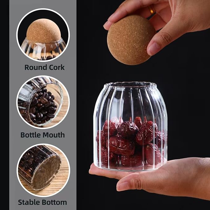 Glass Storage Jar with Ball Cork Lid, Clear Glass Canisters with Cork Ball, 3Pcs High Borosilicate Glass Sealed Jar 16oz 26oz 36oz , Used for Storing Candies, Salt, Tea, Seasonings, Cookies, etc