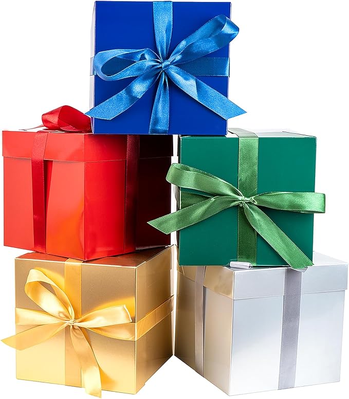 Jaywayang 5 Pack Assorted Color Gift Boxes with Lids, Ribbons and Tissue Papers Square Gift Boxes - 7.1 Inch - Christmas Presents Wrapping Birthday Decoration Party Favor Boxes.