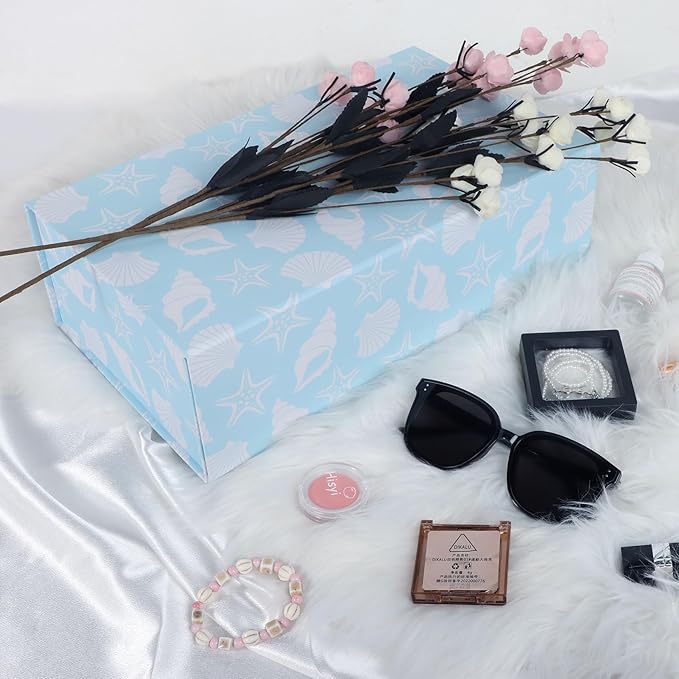 Blue Ocean Theme Gift Box with Magnetic Lids 13.8x8.3x4.4 in, Large Bridesmaid Proposal Boxes, Rectangle Wedding Decorative Storage Box 1 Pack