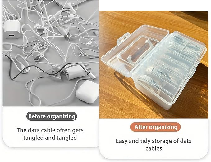 Portable Cord Organizer Box with Handle, 7 Clear Cable Storage Cases and Labels, Travel Cable Holder for Charging Cords, USB Wires, Earphones – Home Desk Drawer Organizer