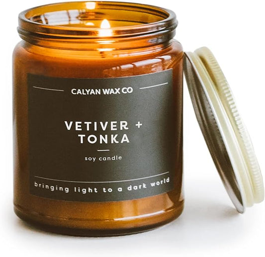 Calyan Wax Co. Vetiver & Tonka Scented Candle - 57 Hour Burn - Luxury Non Toxic Soy Wax Candles - Long Lasting Amber Glass Jar Candle for Home - 7.2oz