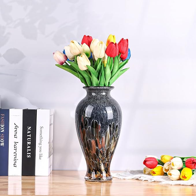 Hand Blown Glass Vase 11.8" Tall Beautiful Amber Blue Sea Wide Mouth Bud Vase for Table Centerpiece, Painted Colorful Murano Glass Flower Vases for - Home Entrance Wedding Center