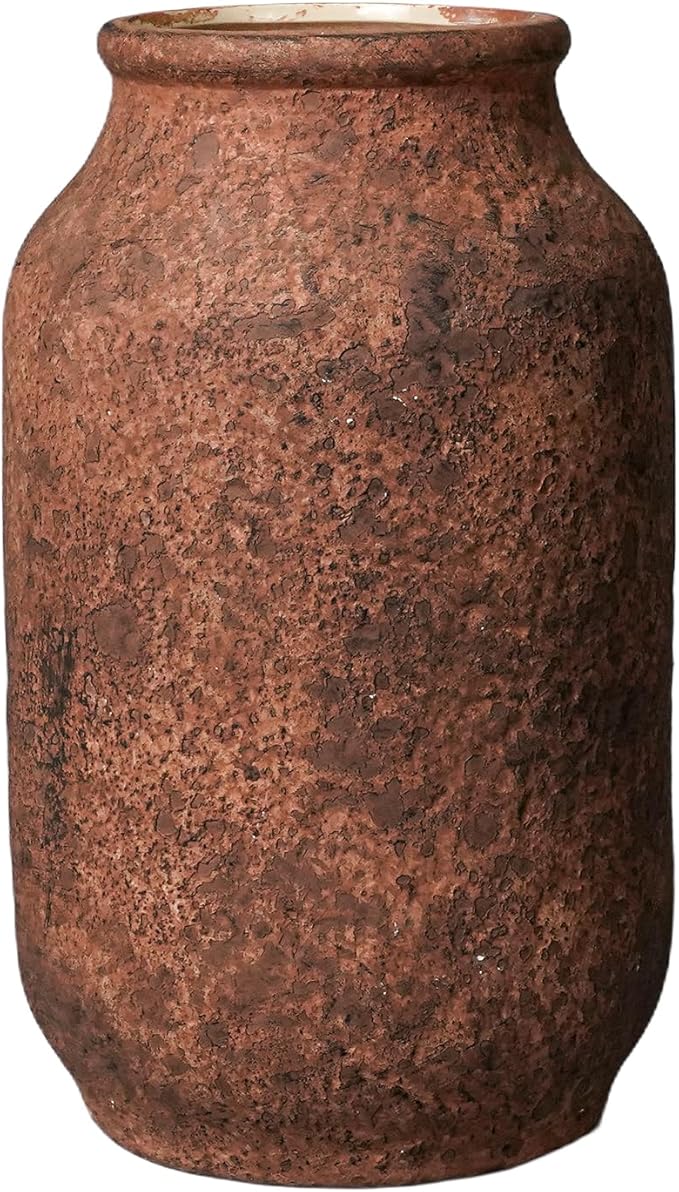 Rustic Terracotta Vase, Farmhouse Ceramic Vase, Decorative Clay Vintage Vases for Home Decor, Living Room,Table, Shelf Decor, 9 inch, Brown