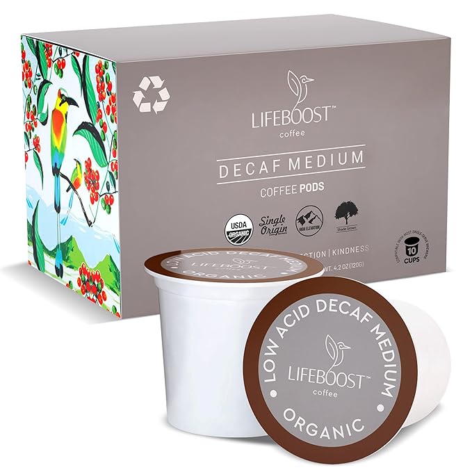 Lifeboost Organic Decaf Coffee K Cups - Low Acid Single Origin Non-GMO Mold Free Decaf Coffee Pods Compatible with Keurig & Keurig 2 - Third Party Tested for Mycotoxins and Pesticides - 10 Count