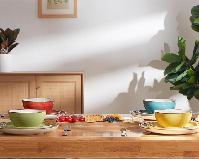 ONEMORE Plates and Bowls Set 12 Pcs,Stoneware Dinnerware Sets for 4 Microwavable,Oven & Dishwasher Safe Porcelain,Scratch Resistant Dishes Set