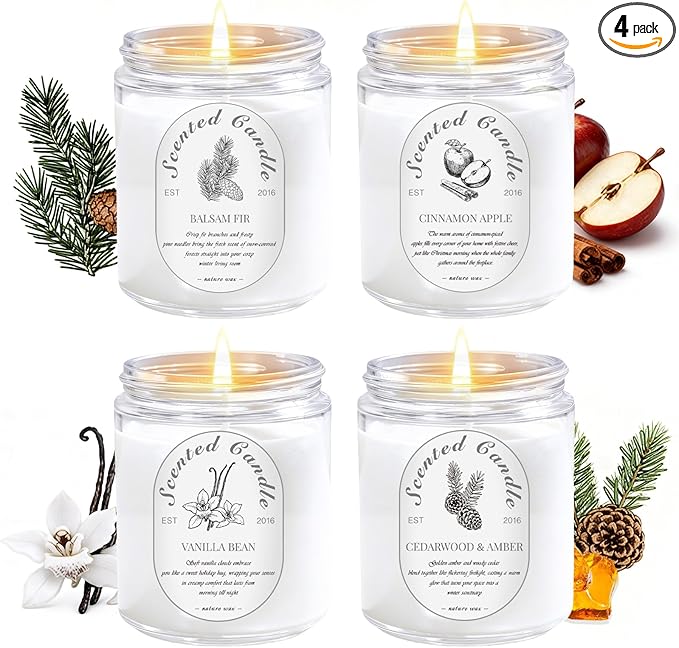 Winter Candle Gift Set, 4 Pack 28oz Soy Wax Scented Candles for Home – Cinnamon Apple, Balsam Fir, Vanilla Bean, Cedarwood & Amber – Cozy Aromatherapy Candles for Christmas, Holiday & Home Decor Gifts