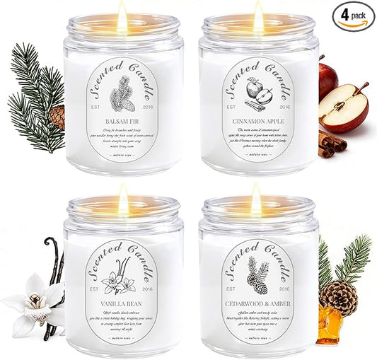 Winter Candle Gift Set, 4 Pack 28oz Soy Wax Scented Candles for Home – Cinnamon Apple, Balsam Fir, Vanilla Bean, Cedarwood & Amber – Cozy Aromatherapy Candles for Christmas, Holiday & Home Decor Gifts