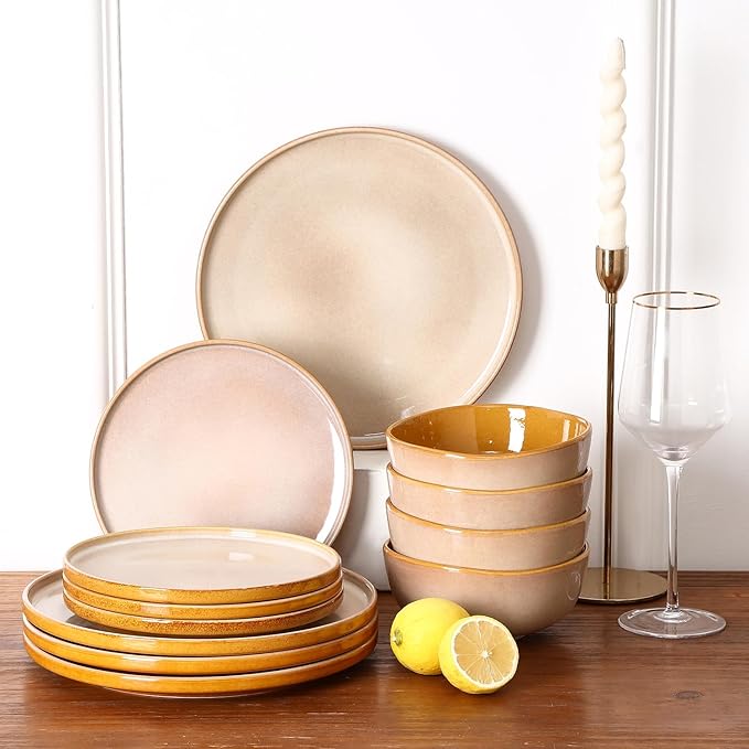 Vicrays Ceramic 12 Pieces Dinnerware Set - Dinner Plates Salad Plates Cereal Bowls Set Service for 4 - Scratch Resistant Microwave Oven Dishwasher Safe - Beige