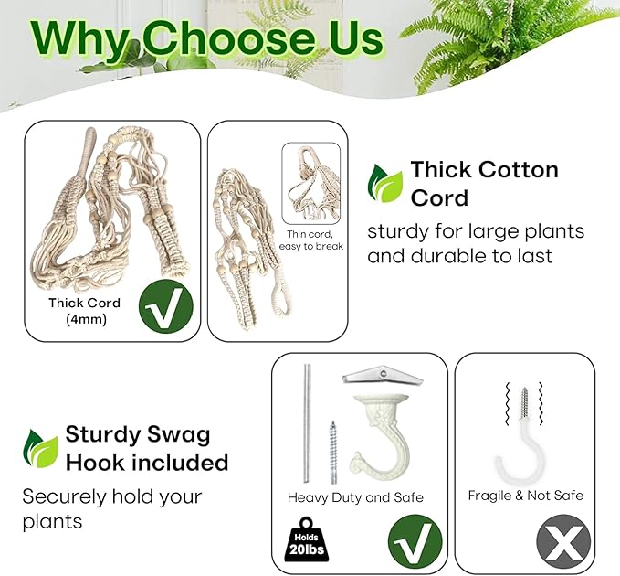 2 Pack 43 Inches Macrame Planter Hanger Large for 12 inch Pot + Swag Hook (Extra Long & Big) | Large Hanging Planter for Indoor Plants | No Tassel, Cotton Rope, No Pot/Plant Included (XL)