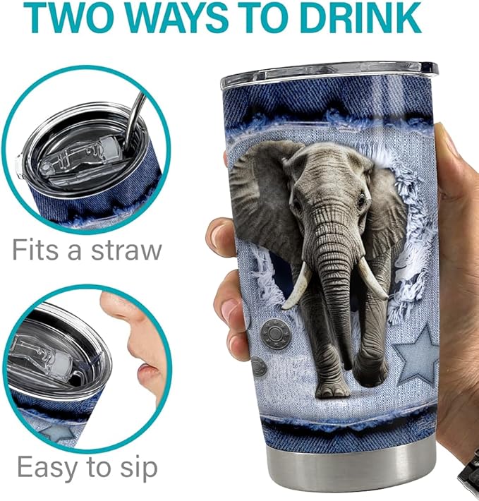 SANDJEST Elephant Tumbler 20oz Stainless Steel Insulated Tumblers Coffee Travel Mug Cup Jeans Drawing Style Elephants Gifts for Women Men Gift for Birthday Christmas
