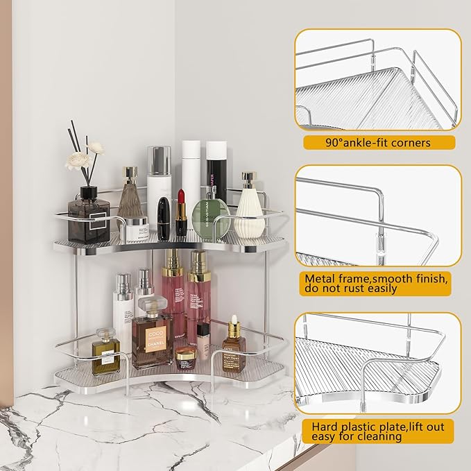 FOLLOWIN 2 Tier Bathroom Countertop Corner Organizer,Countertop Perfume Tray,Vanity Counter Shelf,Skincare Makeup Cosmetic Vanity Organizers,Silver