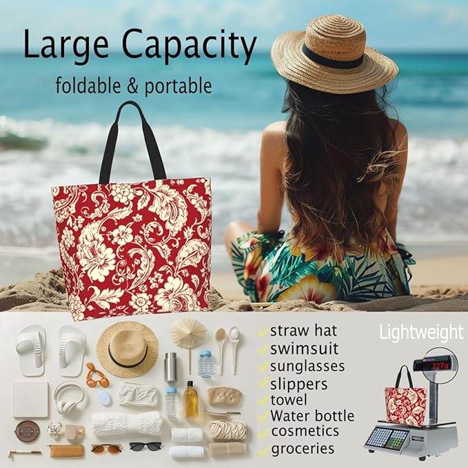 Tote Bag Shoulder Bags for Women Grocery Shopping Bag Reusable Bags Boho-Red Paisley 1