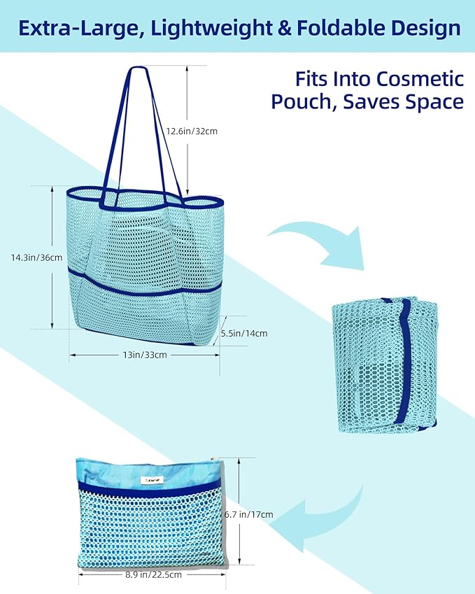 Mesh Beach Tote Bag Packable,2025 New 2-in-1 Large Lightweight Foldable Beach Bags with Multiple Pockets for Women