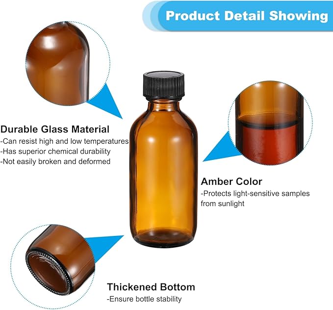 PATIKIL 2oz(60ml) Glass Sample Bottles, 24Pcs Round Bottle Dispensing Bottles with Black Poly Cone Cap for Reagent Liquids, Essential Oils, Perfume, Amber