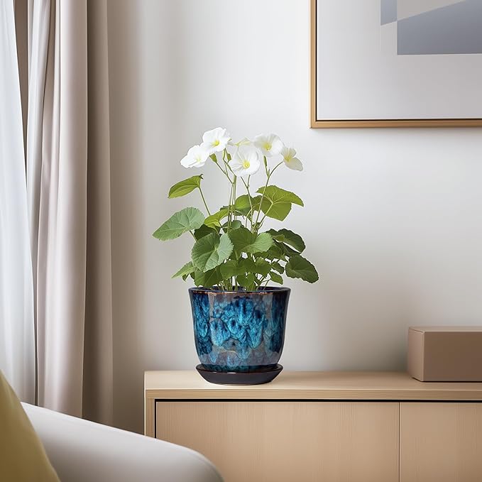 5.6 Inch Plant Pot - Ceramic Pots for Plants with Drainage Hole and Saucer, Round Succulent Flower Orchid Pot for Indoor Outdoor, Modern Planter, Home Room Decor, Gift for Plant Lover, Blue