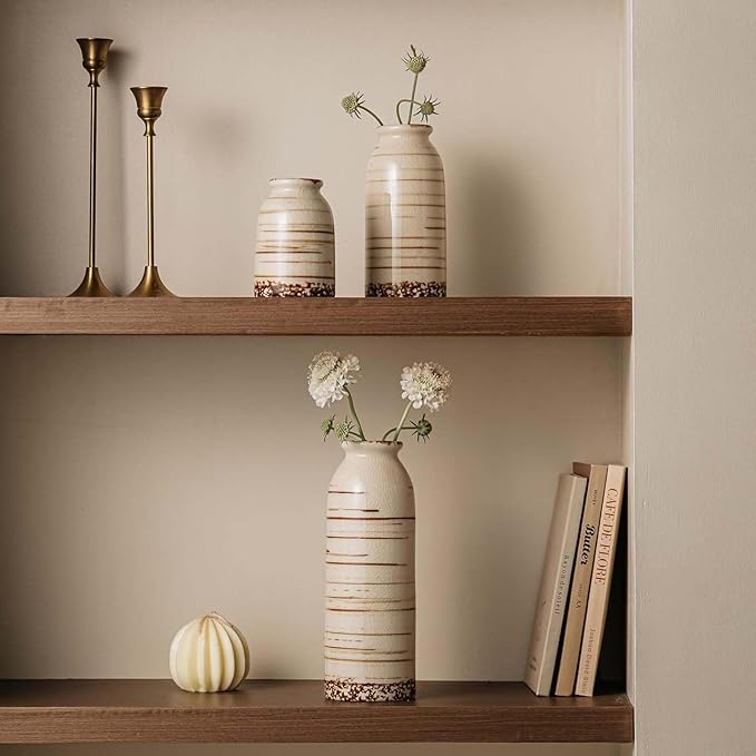 Ceramic Vase Set of 3,Small Vase for Flowers,Rustic Farmhouse Vase for Home Decor,Minimalist Vintage Flower Vases for Living Room,Table Shelf,Centerpieces,Fireplace and Entrance Decorations