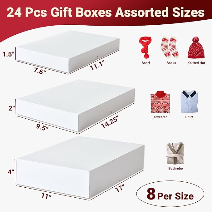 YANGTE 24 Pack Premium Gift Boxes with Lids for Presents, White Large Gift Boxes for Clothes, Robe, Shirt - Assorted Sizes Boxes for Christmas, Birthday and More