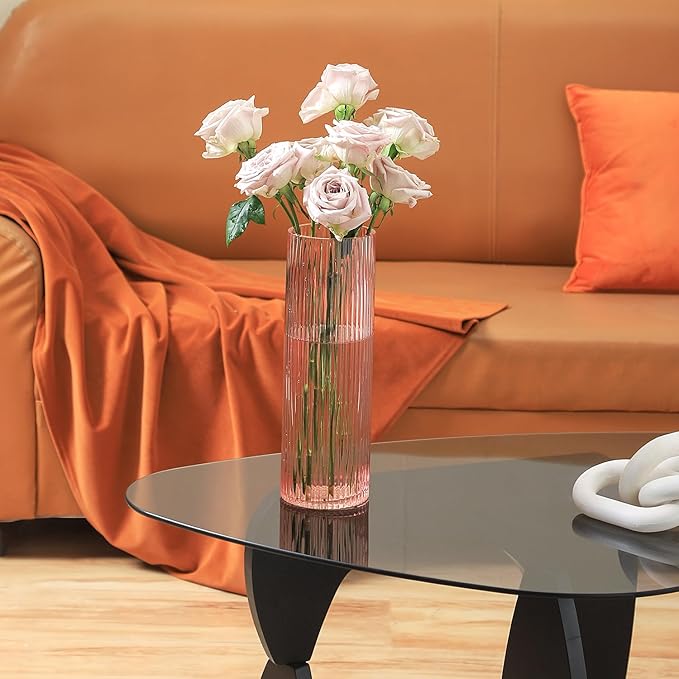 Pink Glass Vase, Glass Flower Vases, Ribbed Vase, Pink Vase, Tall Cylinder Glass Vases for Living Room, Bedroom, Dining Table, Office, Wedding, Bookshelf Decoration, 12 Inches