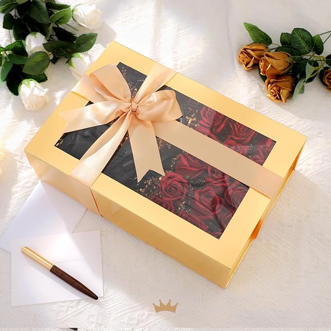 PACKQUEEN Large Gold Christmas Gift Box with Window, 13.5x9x4.1 Inches Clear Gift Box for Present Contains Ribbon, Card, Bridesmaid Proposal Box with Magnetic Lid (Glossy Gold)