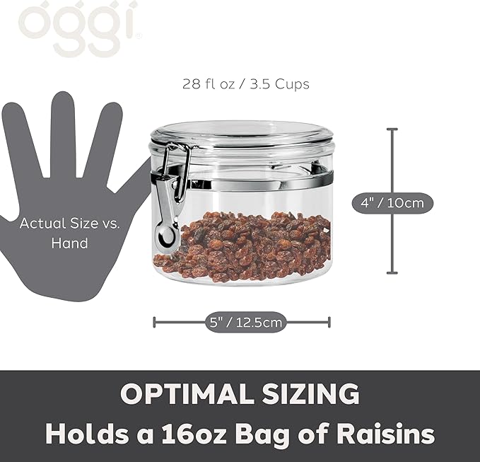 Oggi Clear Canister with Clamp Lid, 28 oz - Large Airtight Food Storage Container, for Kitchen & Pantry Storage of Bulk, Dry Foods Including Pasta, Flour, Sugar, Coffee, Rice, Tea, Spices & Herbs