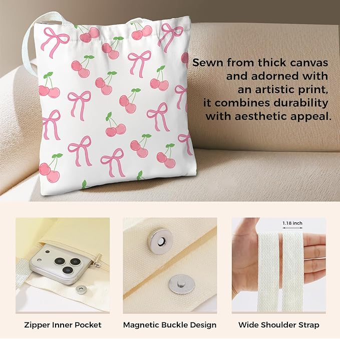 Cute Aesthetic Canvas Tote Bag for Women, Reusable Foldable Shopping Cotton Shoulder Totebag with Zipper Pocket