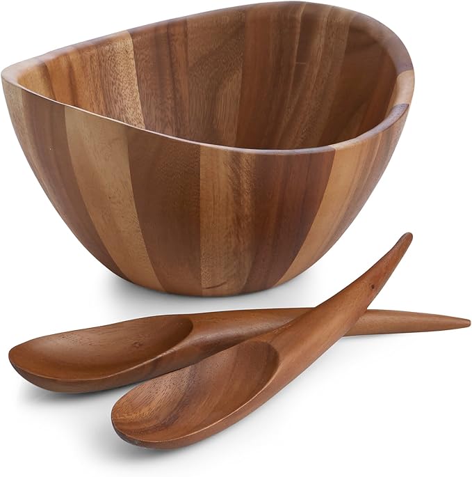 Nambé Harmony 3-Piece Salad Set – 12" Acacia Wood Serving Bowl with 12" Tongs – Designer Salad Bowl & Server Set for Dining, Entertaining & Kitchen Décor – Flowing Curves & Elegant Lines