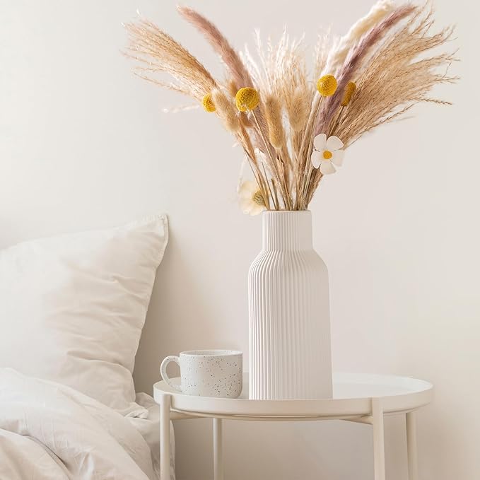 White Ceramic Vases Set of 3, White Ribbed Decorative Vases - Table Centerpieces for Wedding, Living Room, Office & Shelf Decor