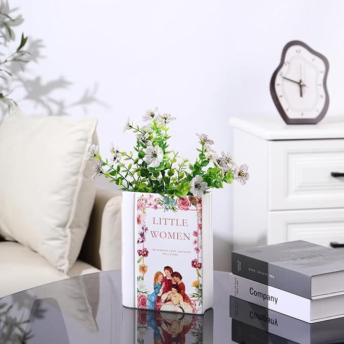 Book Vase, Ceramic Book Vase for Flowers, Book Flower Vase White, Book Shaped Vases, Decorative Ceramic Vases for Home, Office, Bedroom, Living Room, Dining Table(Women)