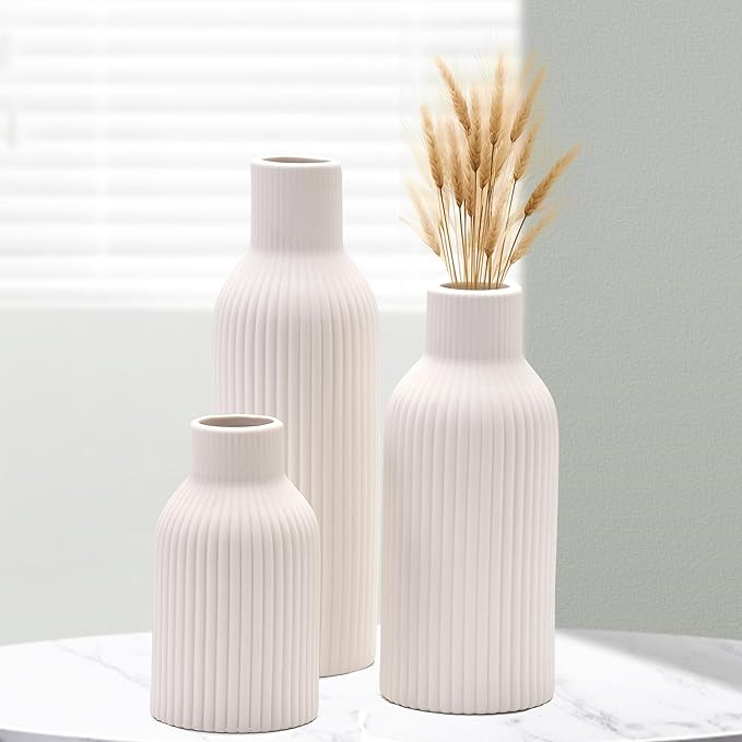 Ceramic Vase Set of 3, Flower Vases for Spring Room Decor, Kitchen Farmhouse, Modern Boho Style(White)