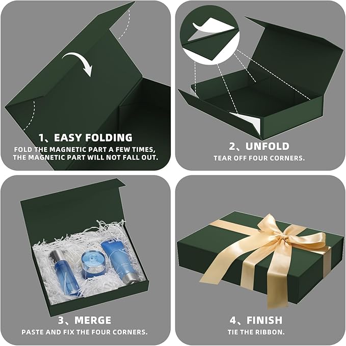 Gift Box with Lids, 11.5 x 8.5 x 2.3 In Magnetic Closure Collapsible Gift Boxes for wraps gifts of T-Shirts, Gloves, Scarves, Candy, Baby Clothes, Jewelry, Books, Comes with a Ribbon(Forest green)