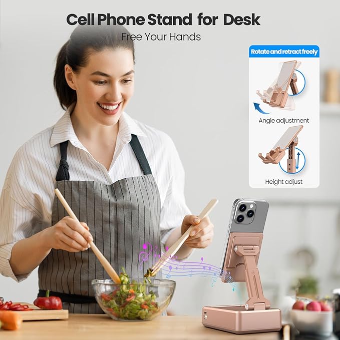 JTEMAN Cell Phone Stand with Bluetooth Speaker and Charging Function,Bluetooth Audio Power Bank Bracket,Birthday Gifts for Men Women,Kitchen Gadgets for Most Phones and Tablets-Rose Gold