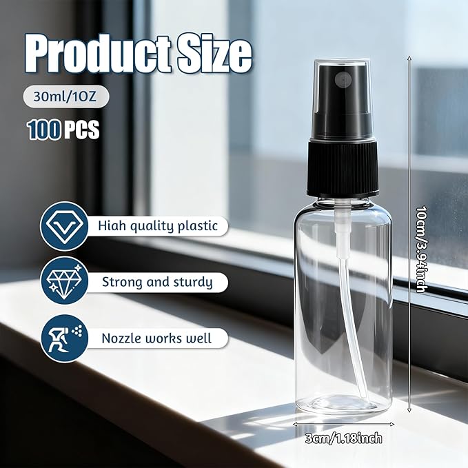 SHENLIU 100 Pcs Mini Clear Spray Bottles 1 oz Plastic Empty Travel Bottle Fine Mist Small Spray Containers with 2 Pcs Funnels Refillable Liquid Travel Containers for Perfume Skin Toner Essential Oils