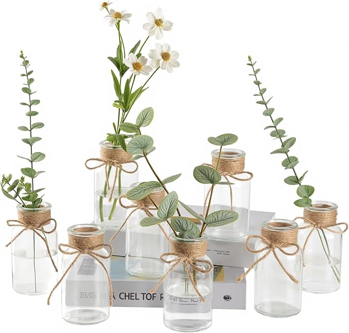 Vintage Glass Flower Vase Set of 8 Clear Vases with Hemp Rope for Farmhouse Wedding Centerpiece Cylinder Bottle for Reception Table Decoration Home Decor Floral Arrangements（Medium）