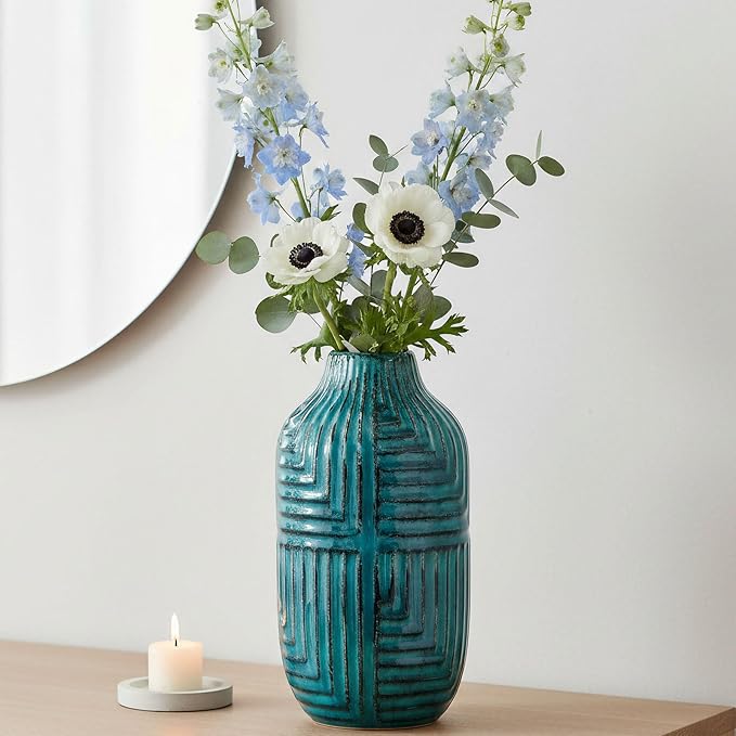 hjn Tea Ceramic Vase- Modern Decor Vases for Living Room/Bookshelf/Mantel/Home Decor Accents - Teal texture-Large-10.6" H