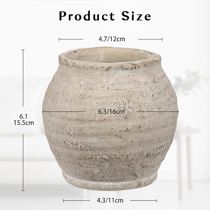 Briful 6.1'' Large Ceramic Rustic Vase Shabby Vintage Textured Vase, 4.72'' Wide Mouth Pampas Jar Vases Pottery for Fake Flowers Branches, Farmhouse Home Décor, Weddings Shelf Table Decor, Cream White