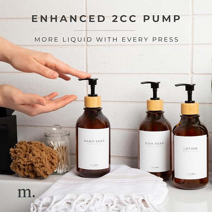 MaisoNovo Refillable Shampoo and Conditioner Bottles | 16.9 fl oz Set of 3 Amber Plastic Bottles Black Bamboo Pumps