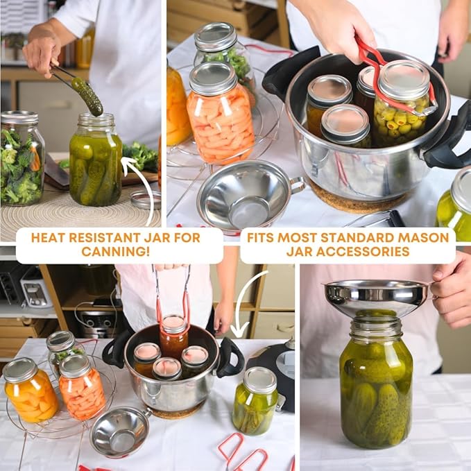 FastRack 16 oz Regular Mason Jars (Pack of 12) with 12 Lids & 1 Black Mason Jar Gripper | Glass Jars with Airtight Lids | Large Mouth Glass Jar for Food Storage, Canning, Fermentation, Pickling