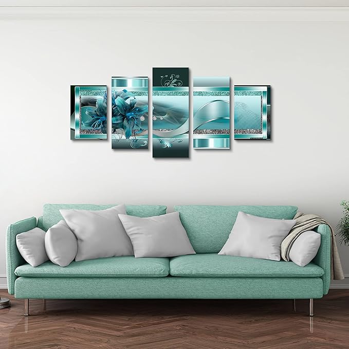 LUDUHU Turquoise Orchid Flowers Canvas Print - Abstract Green Floral Poster, Blue Wall Art Painting Decor for Home Decoration Artwork Picture Bedroom Green Floral (A,Oversize 60x30inch)