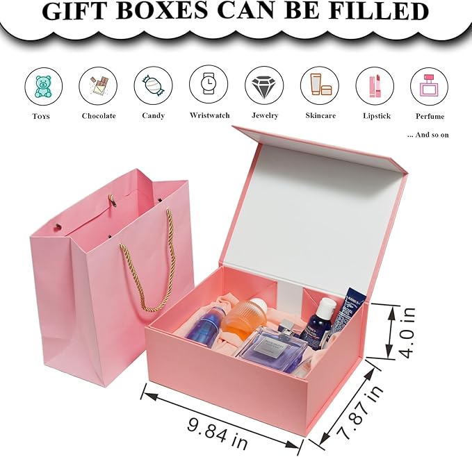 Elegant Gift Boxes with Gift Bag for Presents with Lids Magnetic Closure Rectangle Collapsible for Christmas, Valentine's Day, Birthday Gift Packging (Pink)