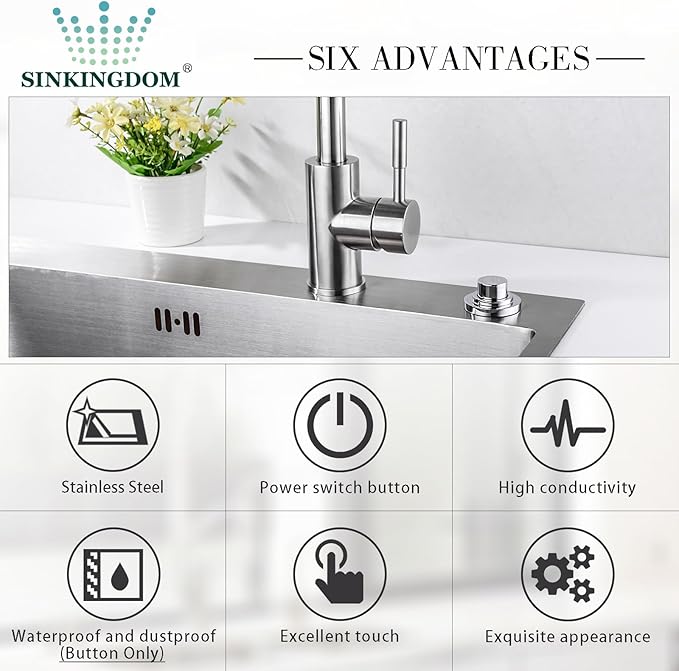 SinkTop Air Switch Kit with Chrome Long Button (Full Brass) for Garbage Disposal, Single Outlet