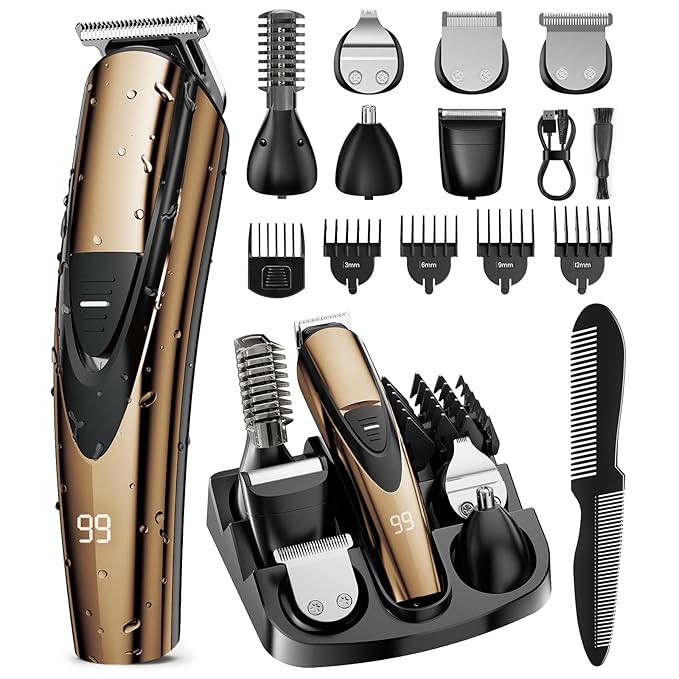 SHPAVVER Beard Trimmer for Men: Professional Barber Hair Clippers - 12-in-1 Cordless Grooming Kit - Waterproof Electric Razor with Turbo Speed & Precision Blades, Gold