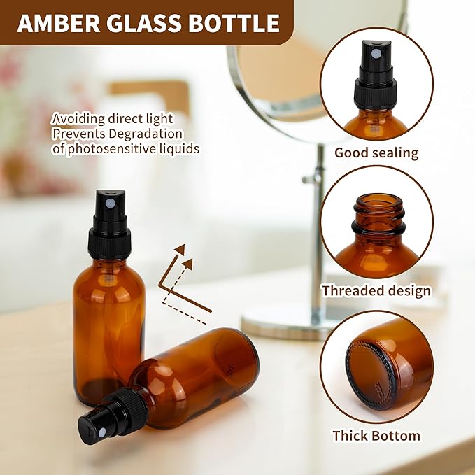24 Pack Amber Glass Spray Bottles 2 oz Small Empty Fine Mist Spray Bottle with Funnel and Label for Travel, Essential Oils