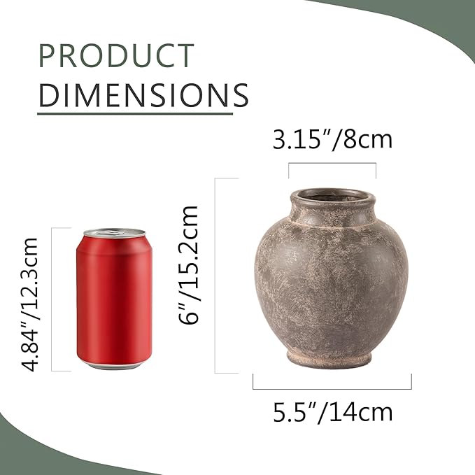 Ceramic Flower Vase, 6 Inch Small Rustic Farmhouse Vase Decorative Vase Short Pottery Vases for Home Decor Table Living Room Entryway Mantel Bookshelf Bedroom Bathroom Kitchen - Brown