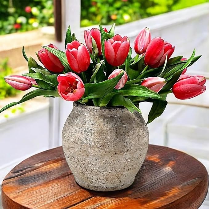 Briful 6.1'' Large Ceramic Rustic Vase Shabby Vintage Textured Vase, 4.72'' Wide Mouth Pampas Jar Vases Pottery for Fake Flowers Branches, Farmhouse Home Décor, Weddings Shelf Table Decor, Cream White