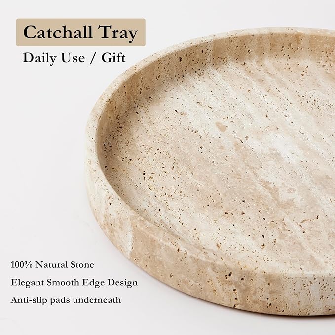 Natural Travertine Marble Vanity Tray for Bathroom,Kitchen, Dresser, Counter, Home Decor Round Stone Decorative Tray for Candles, Perfumes, Jewelry, Plants,Organiser Dish Beige