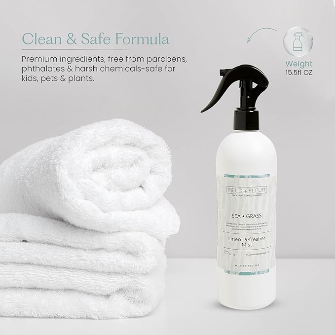 FIELD FLEUR Sea Grass Linen & Room Spray 15.5 oz - Aromatic & Refreshing Bedding & Fabric Mist - Air Freshener for Clothes & Sofas - Notes of Blackcurrant, Jasmine & Sandalwood - Made in USA