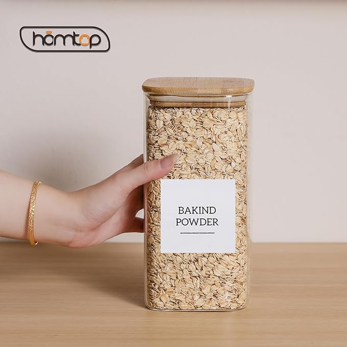 Glass Food Storage Containers with Lids, 50 Oz High Borosilicate Glass Jars for Coffee Bean, Candy, Cookie, Flour, Square