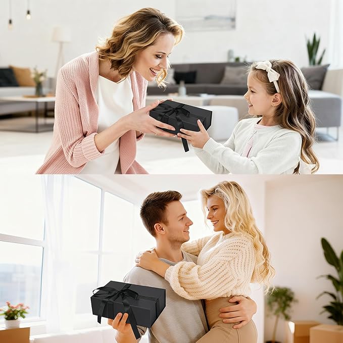 Ditwis 4 Pack 9.5x6x3 Inches Gift Boxes with Magnetic Closure Lids, Black Magnetic Box with Ribbon for Wedding, Groomsmen Bridesmaid Proposal, Birthdays, Mother's Day