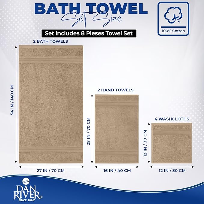 DAN RIVER 8 PC Luxury Bath Towels for Bathroom, 2 Bath, 2 Hand, and 4 Wash Cloths, 600 GSM 100% Ring Spun Cotton Towel Set, Highly Absorbent, Gym, Hotel, and Spa, Tan