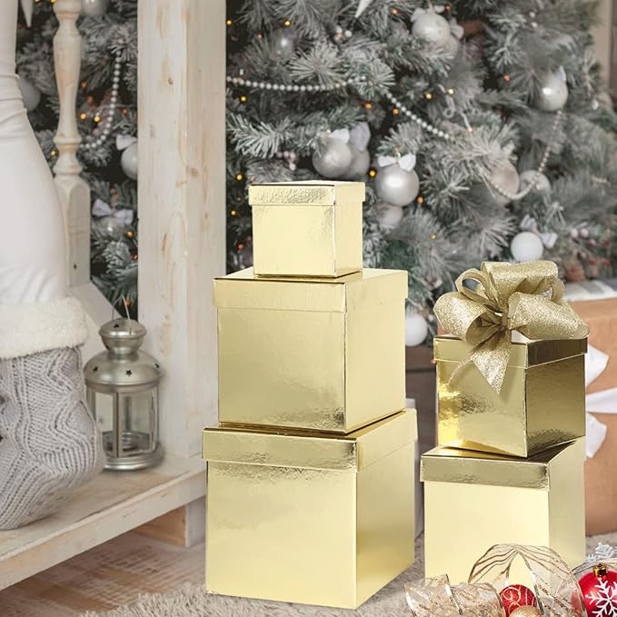 UNIQOOO 5PCS Metallic Gold Nesting Gift Boxes Set, Square Cardboard Storage Organizer Keepsake Box with Lid Durable Reusable, for Gift Wrapping Holiday Presents Christmas Birthday, Assorted Size